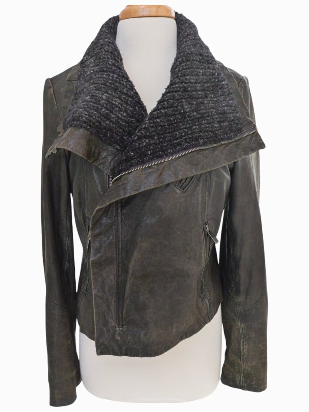 Line Grey Lambskin Biker Jacket w/ Knit Collar, Asymmetric Zip, Sz L